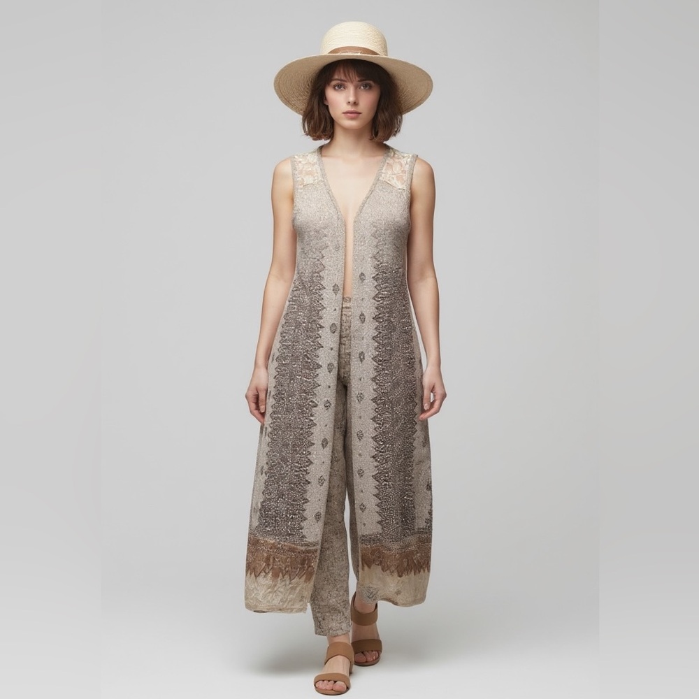 Be Vocal Neutral Lacy Applied Bling Open Front Knit Long Line Vest Size M